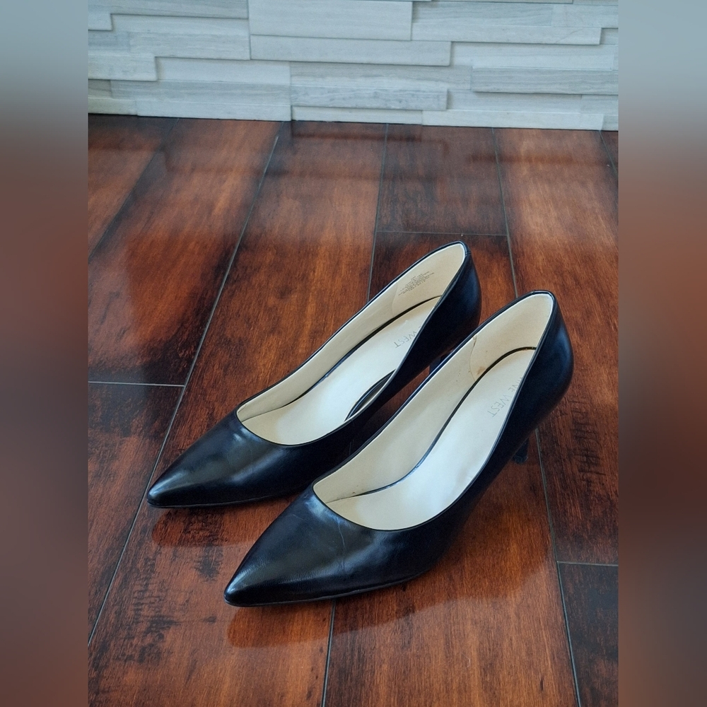 Nine West Black Leather Heel Stiletto, Classic Pointed Toe, Size 9 - Picture 3 of 8